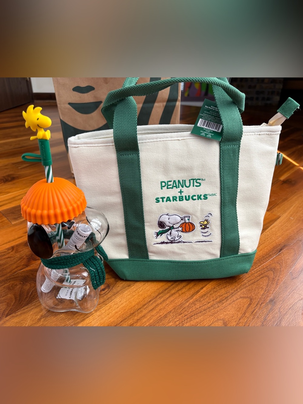 Starbucks Snoopy Cup & Canvas Tote with Green Trim and Peanuts Embroidery, NEW